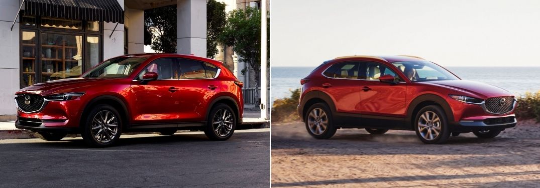 Red 2021 Mazda CX-5 Front Exterior on a City Street vs 2021 Mazda CX-30 Front Exterior on a Beach