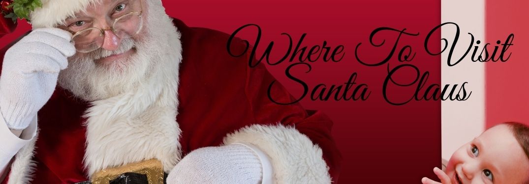 Santa Claus on a Red Background with a Kid Peeking and Black Where To Visit Santa Claus Text
