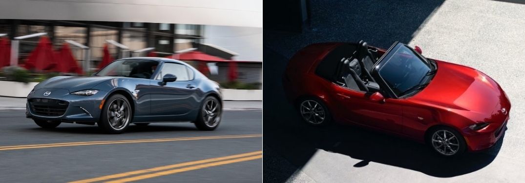 Blue 2021 Mazda MX-5 Miata RF on City Street vs Overhead View of Red 2020 Mazda MX-5 Miata Soft Top
