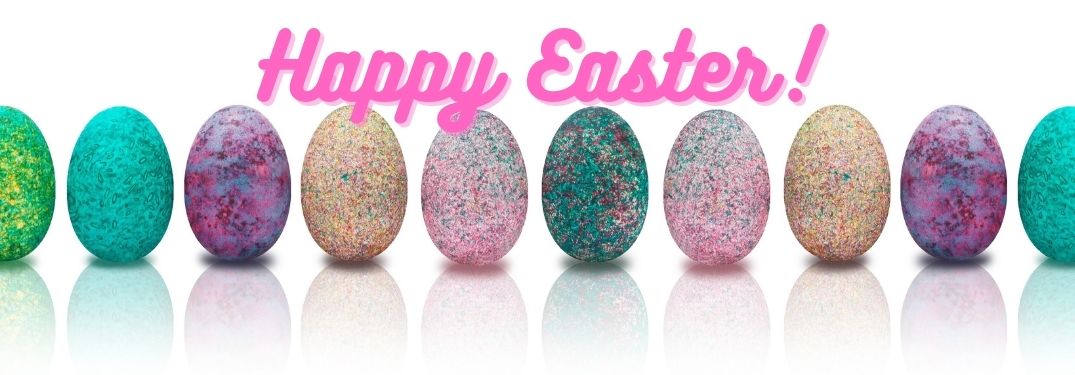 Line of Colorful Easter Eggs with Pink Happy Easter Text