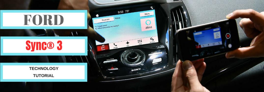 Ford Sync® 3 technology tutorial, text on an image of a couple connecting to the Ford touchscreen display
