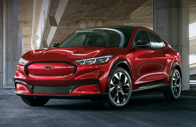 Front view of red 2021 Ford Mustang Mach-E