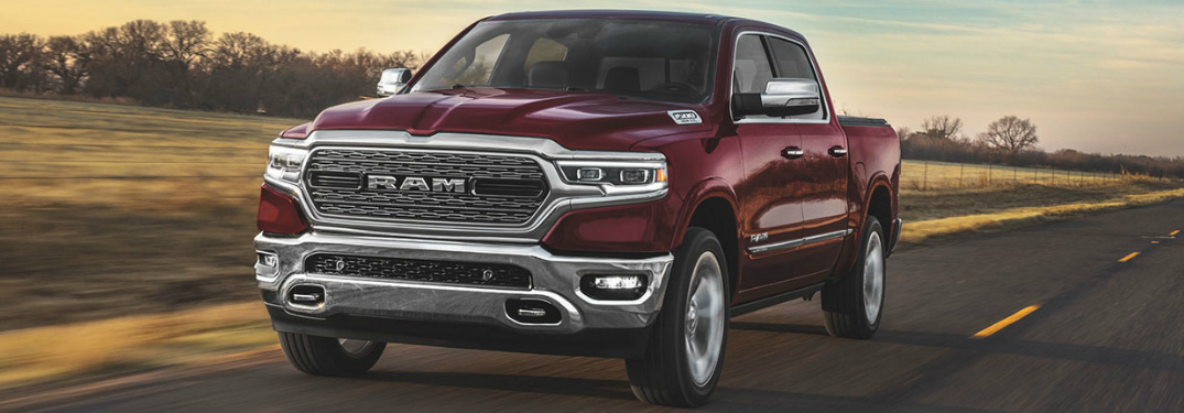 Driver's side front angle view of maroon 2020 Ram 1500