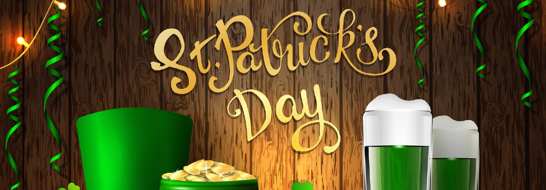 A cartoon banner for St. Patrick's day, filled with a green hat, pot of gold, and green ale.