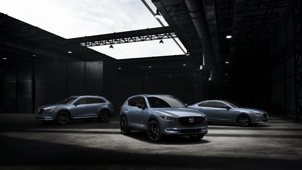 An exterior view of the Carbon Edition models of the 2021 Mazda6, CX-5, and CX-9.