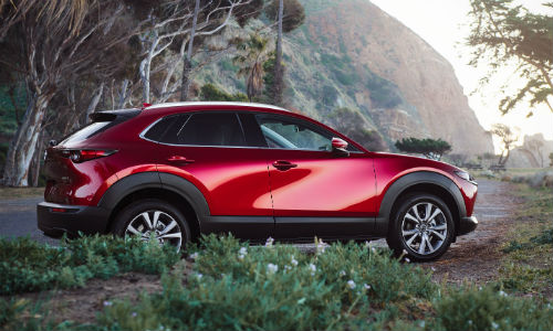 Side view of red 2020 Mazda CX-30