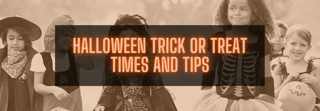 Kids Trick or Treating with Orange Halloween Trick or Treat Times and Tips Text on Black Background