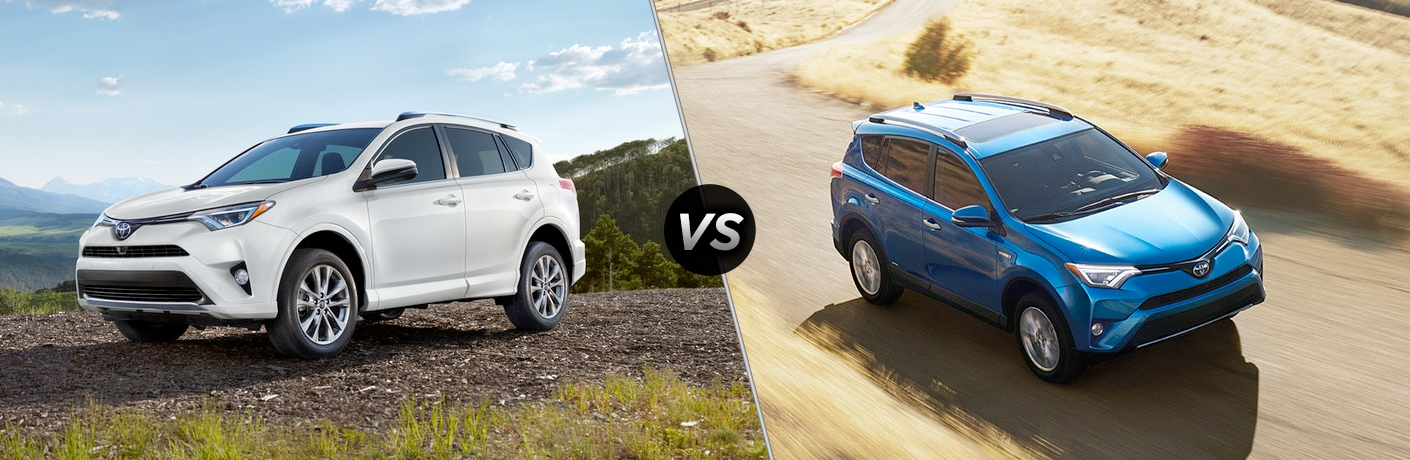 Comparison image of silver 2018 Toyota RAV4 and blue 2018 RAV4 Hybrid