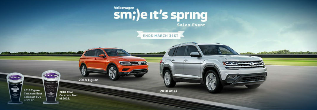 Volkswagen Smile It's Spring banner with Atlas and Tiguan
