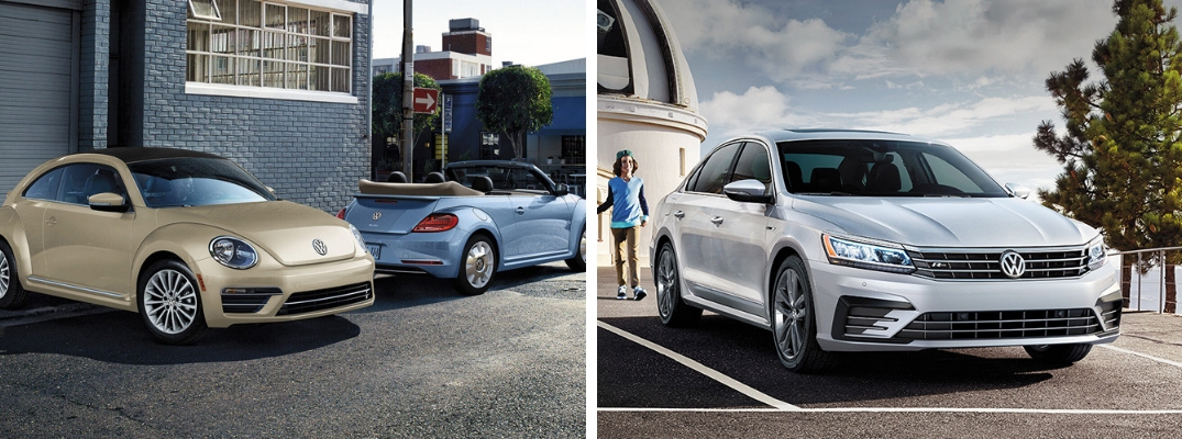 Tan and blue Volkswagen Beetle Final Edition models and silver 2019 Volkswagen Passat