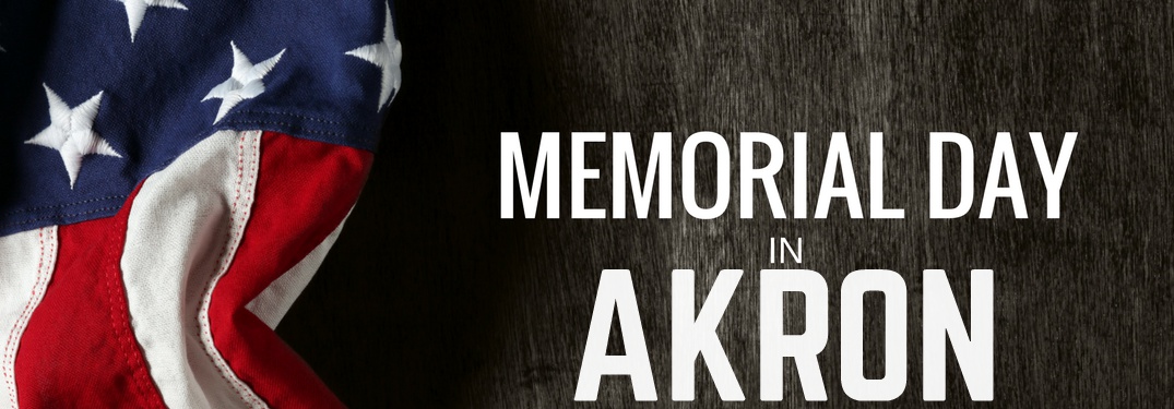 Memorial Day in Akron with American flag and wood grain background