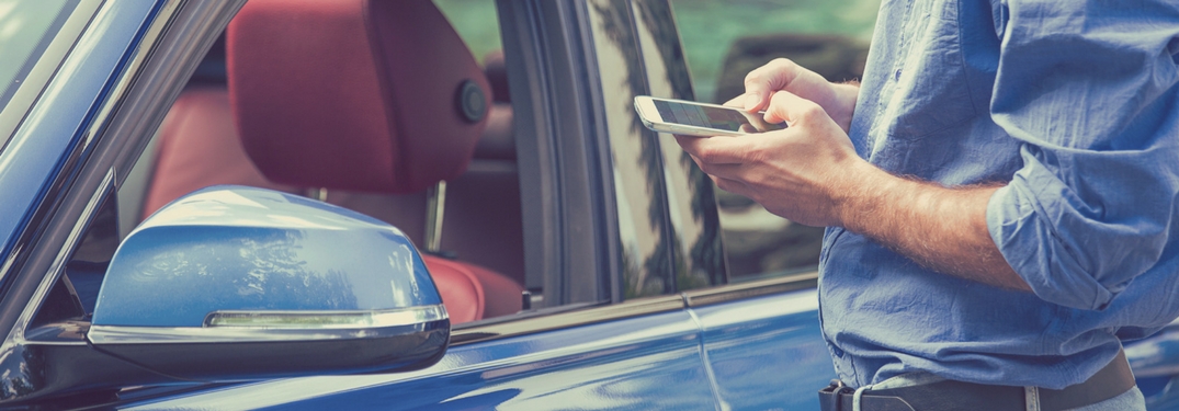 man on smartphone by car