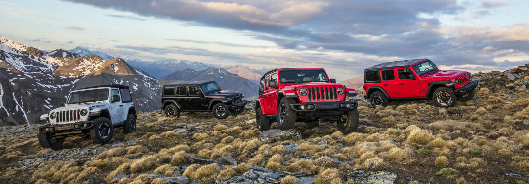 Four 2018 Jeep Wrangler models on hill
