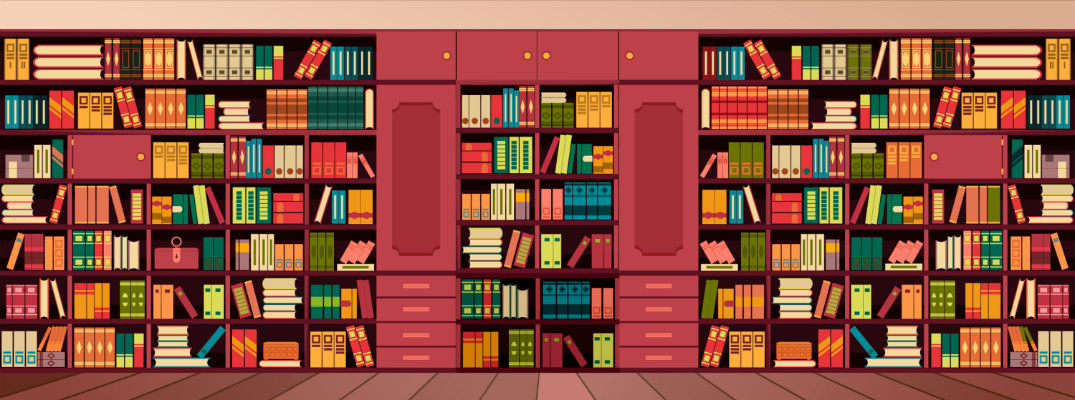 a colorful painting of a stocked bookshelf full of reading material in a library or bookstore