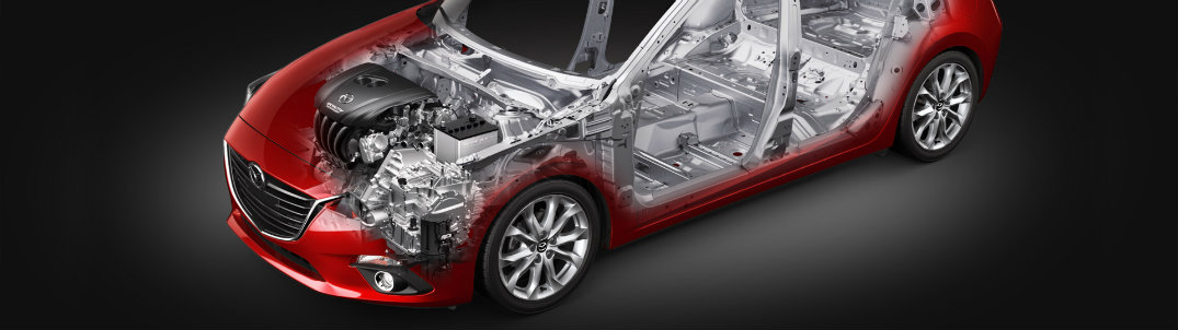 Mazda i-ELOOP regenerative braking system visualization of placement inside a Mazda3 steel cage frame